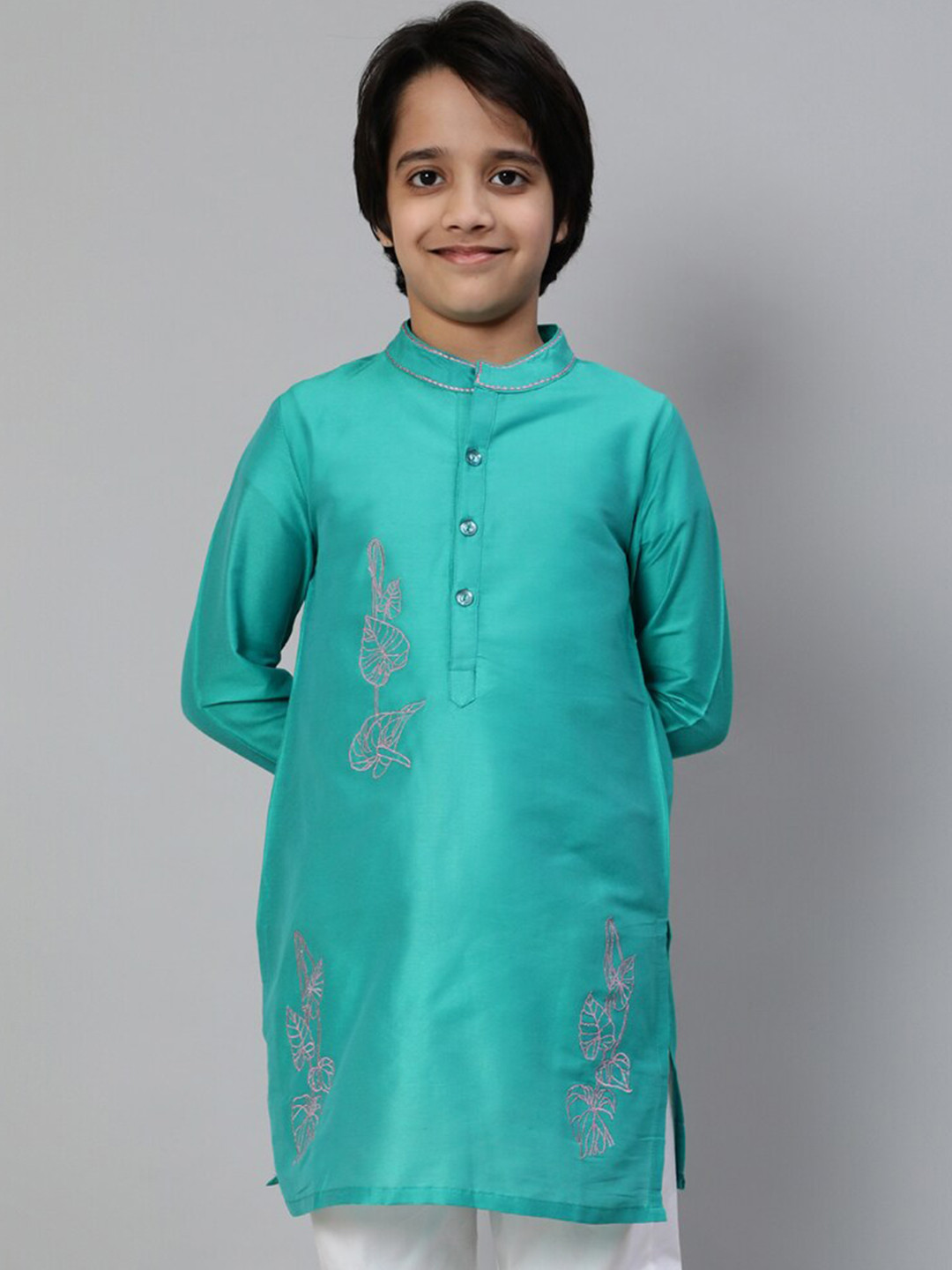 Aks Kids Boys Embroidered Thread Work Mandarin Collar Cotton Silk Straight Kurta