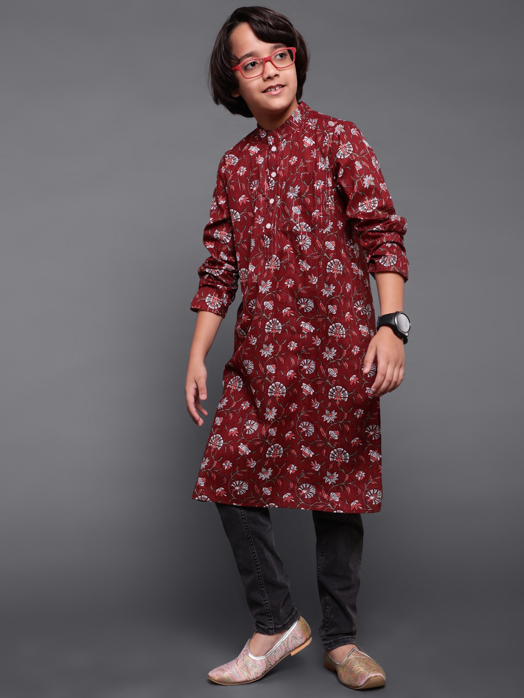 Aks Kids Boys Floral Printed Mandarin Collar Cotton Straight Kurta