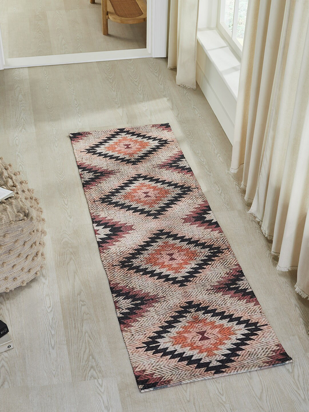 Mona B Pink & Black Geometric Printed Vintage Rectangular Floor Runner