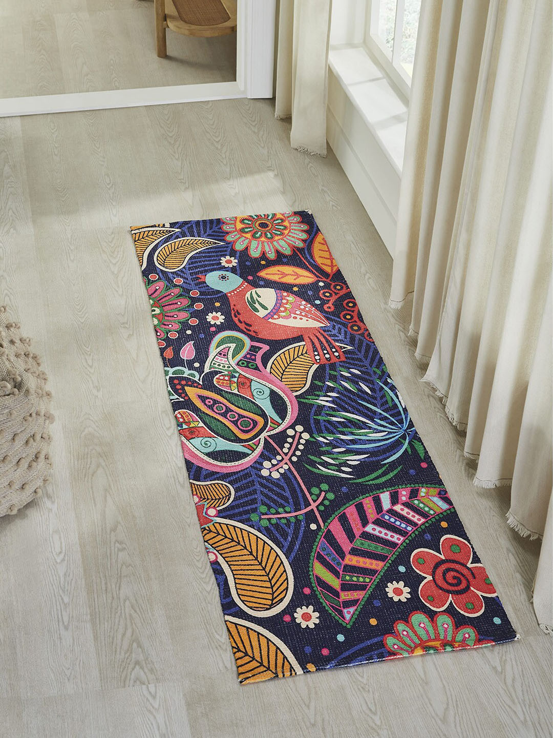 Mona B Blue & Orange Ethnic Motifs Printed Vintage Anti-Skid Floor Runner