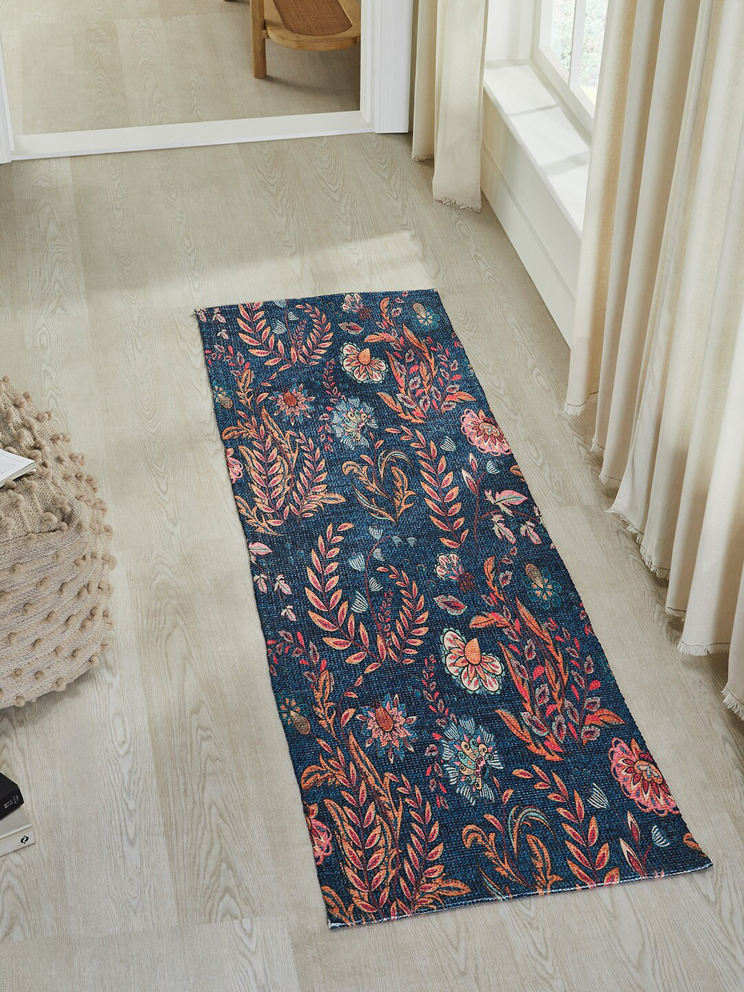 Mona B Cream Blue & Pink Vintage Ethnic Motifs Printed Rectangular Floor Runner