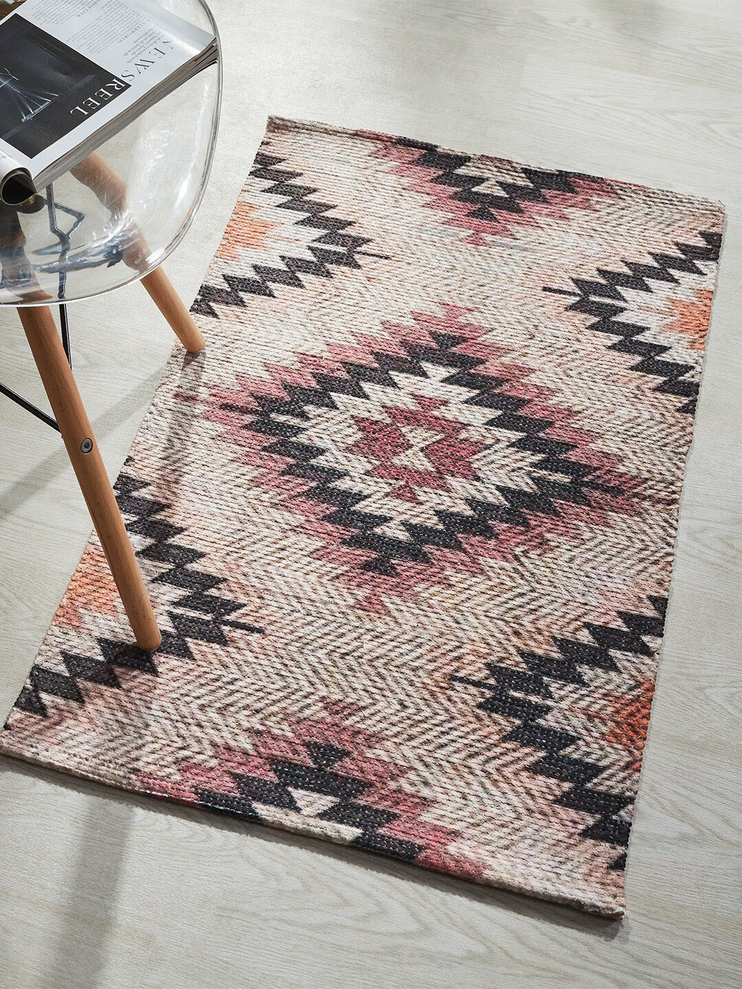 Mona B Pink & Black Printed Vintage Ant-Skid Dhurrie Carpet Rug