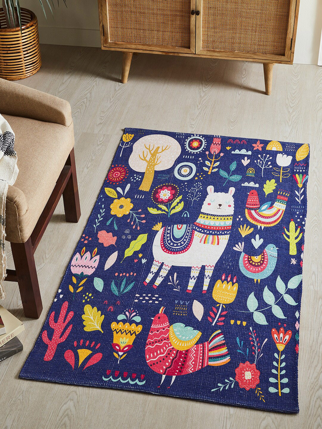 Mona B Blue & Pink Printed Anti-Skid Vintage Dhurrie Carpet