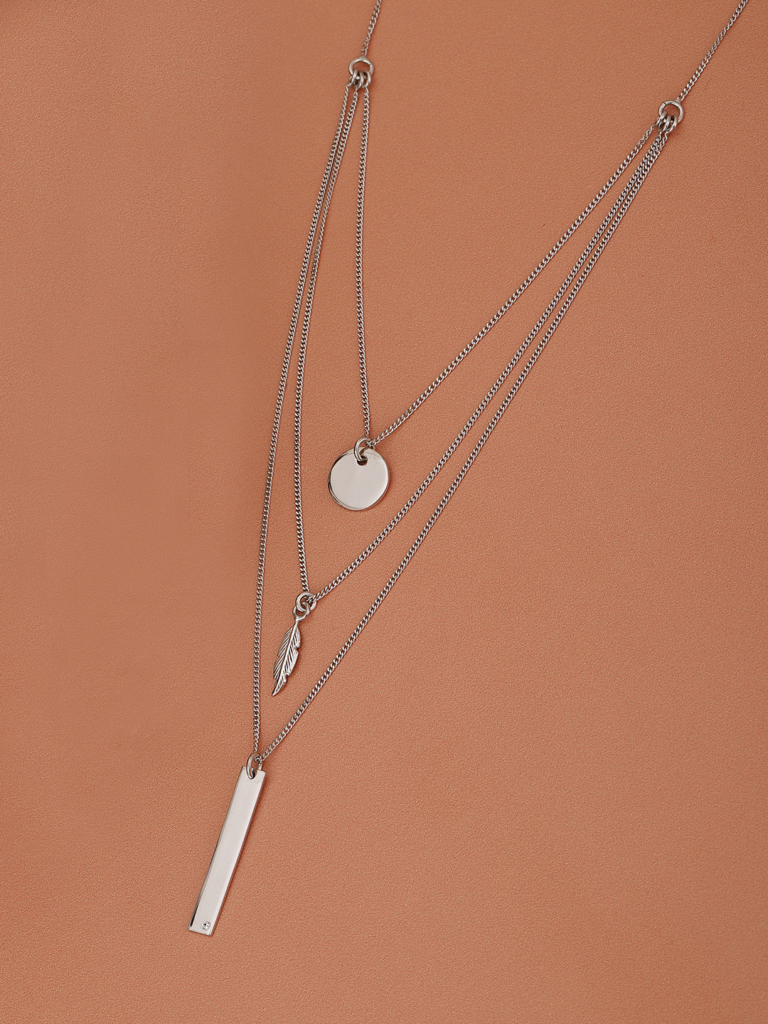 Carlton London 925 Sterling Silver Rhodium Plated Dangling Bar & Leaf Layered Necklace