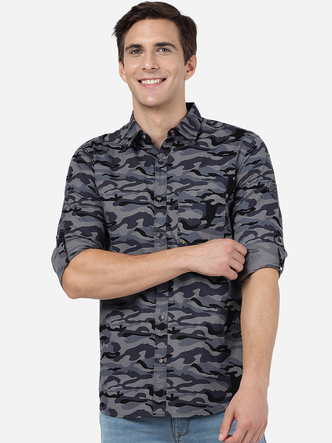 JADE BLUE Camouflage Printed Slim Fit Opaque Cotton Casual Shirt