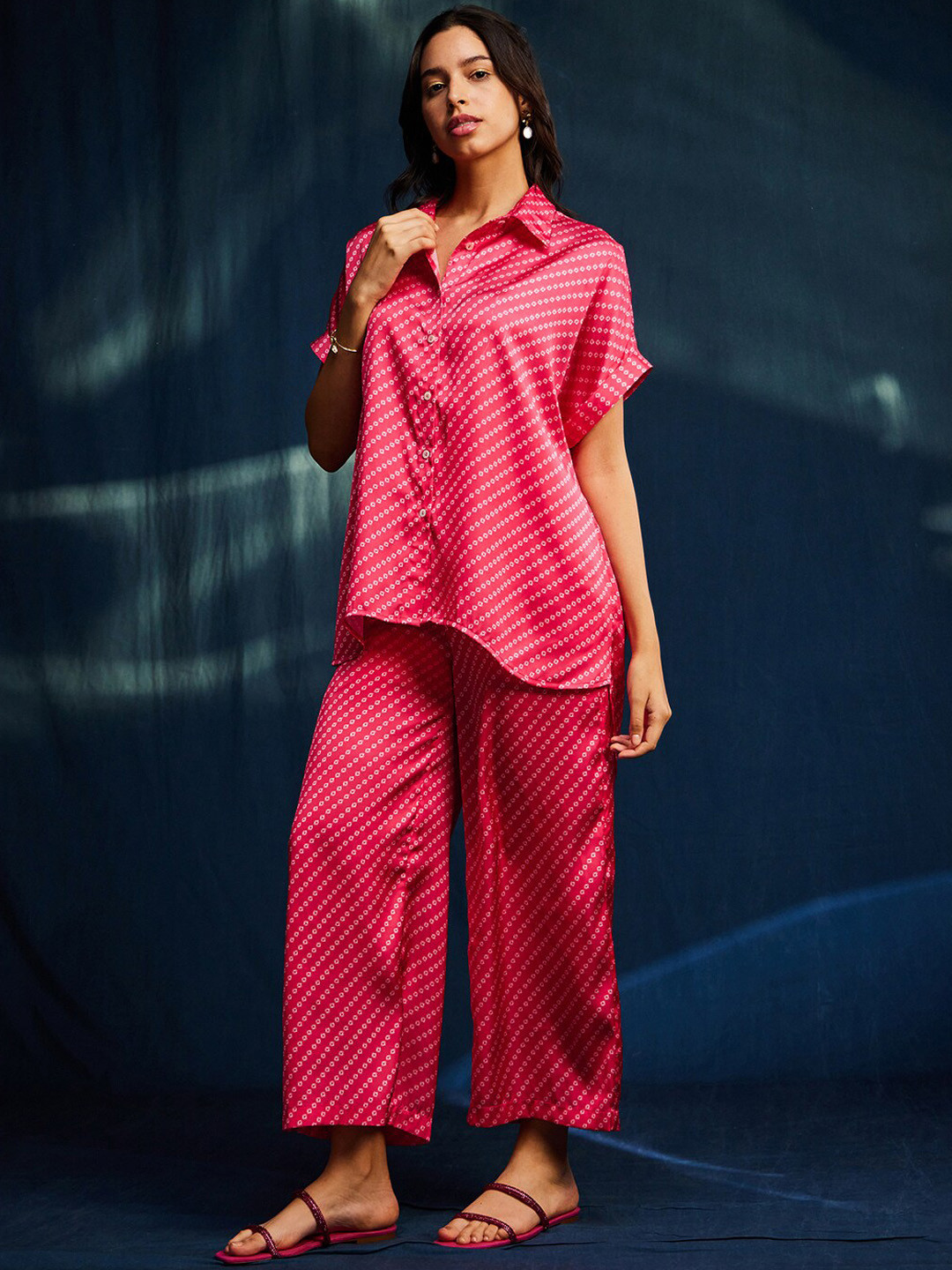 Pink Fort Bandhani Printed Satin Shirt With Palazzo