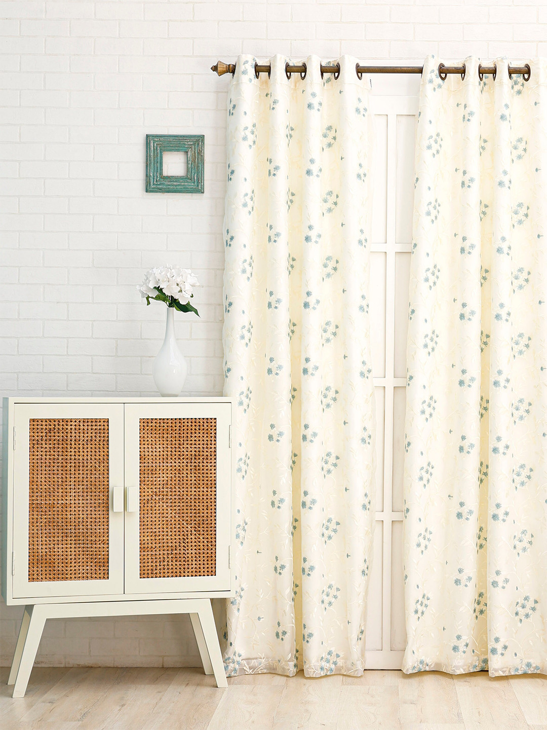 Ariana Cream-Coloured & Blue Floral Black Out Door Curtain