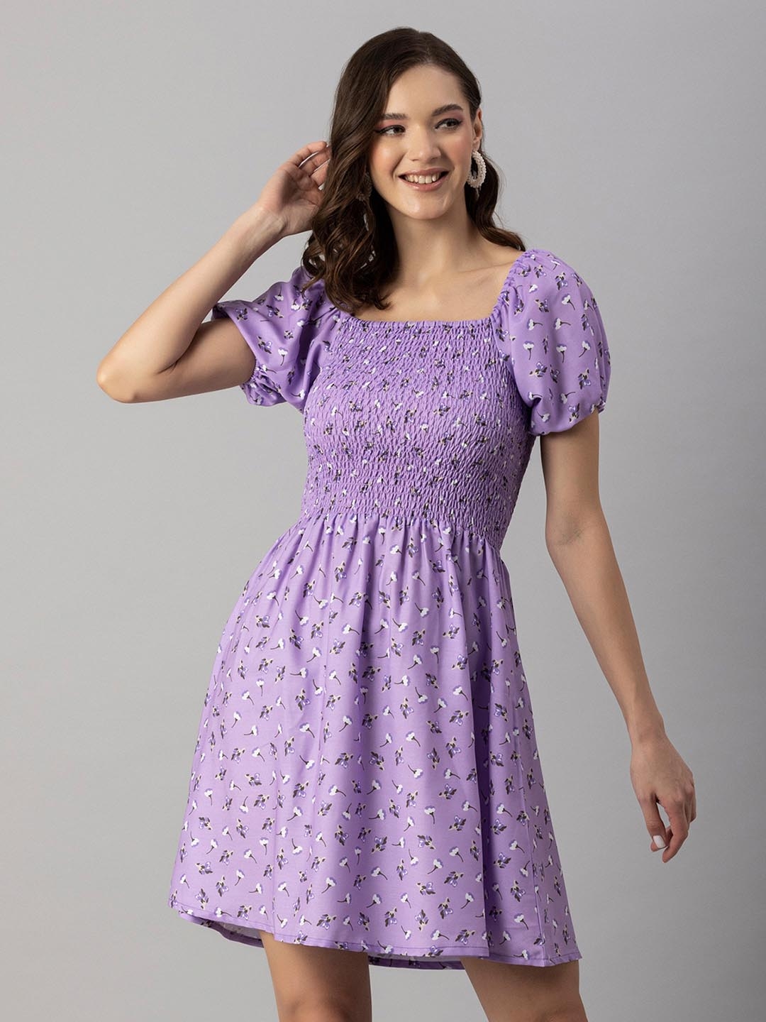 Moomaya Lavender Floral Puff Sleeve Fit Flare Dress