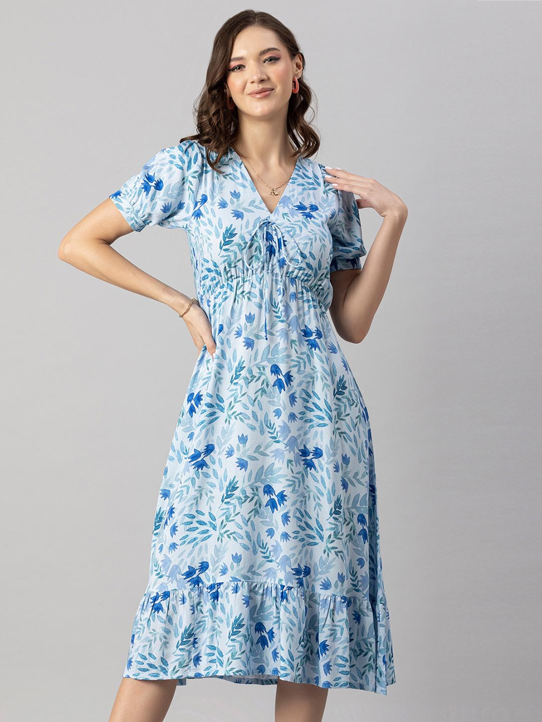 Moomaya Blue Floral Print Cold-Shoulder Midi Dress