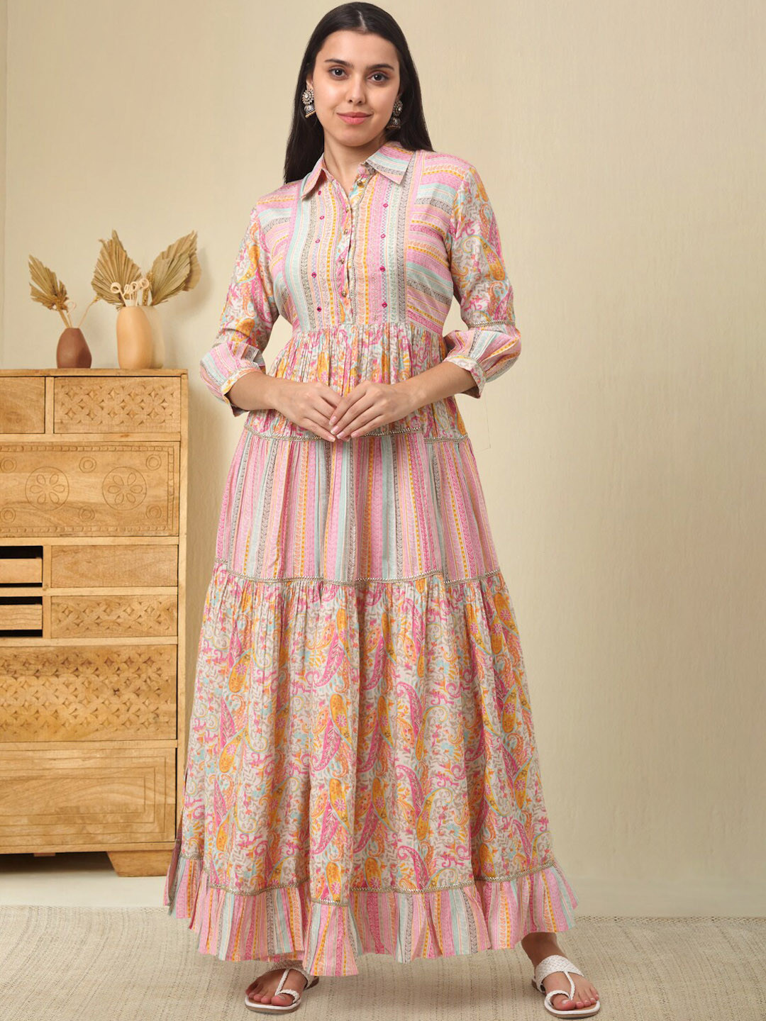 KALINI Ethnic Motifs Printed Shirt Style Maxi Ethnic Dress