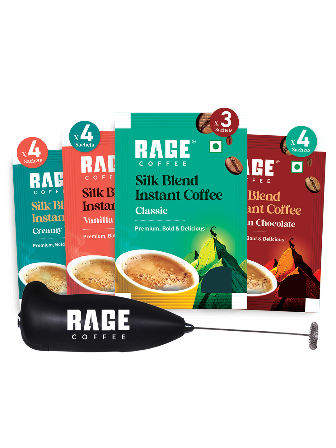 Rage Coffee Set Of 15 Silk Blend Assorted Instant Coffee Sachets & Frother-52.5 gms