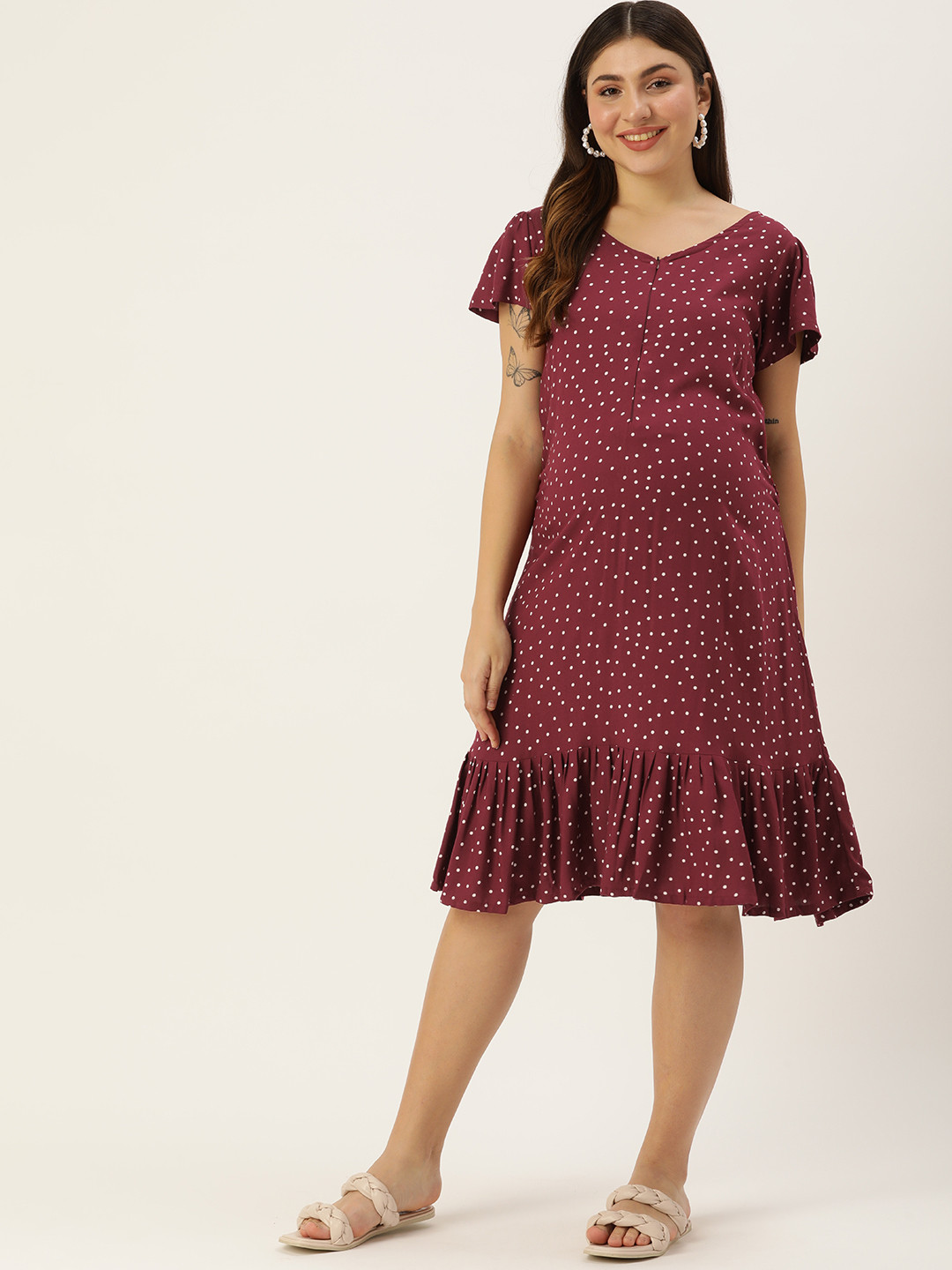 Blush 9 Maternity Polka Dot Print Flutter Sleeve Maternity A-Line Dress