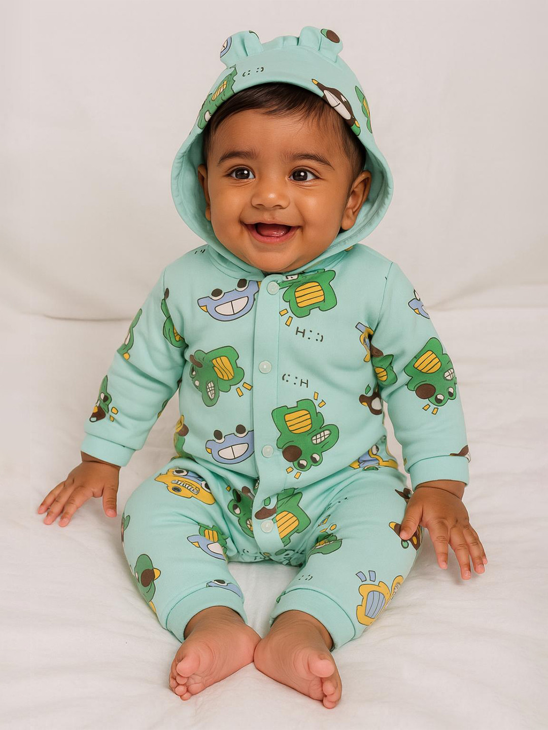 MeeMee Infants Printed Bonded Hooded Pure Cotton Romper Suit