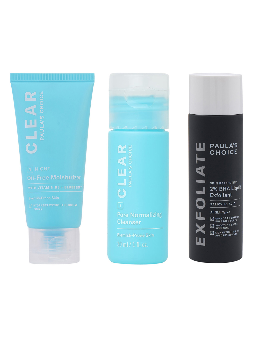 Paulas Choice Clear Oil Free Moisturizer + Exfoliant Liquid  + Clear Pore Face Cleanser
