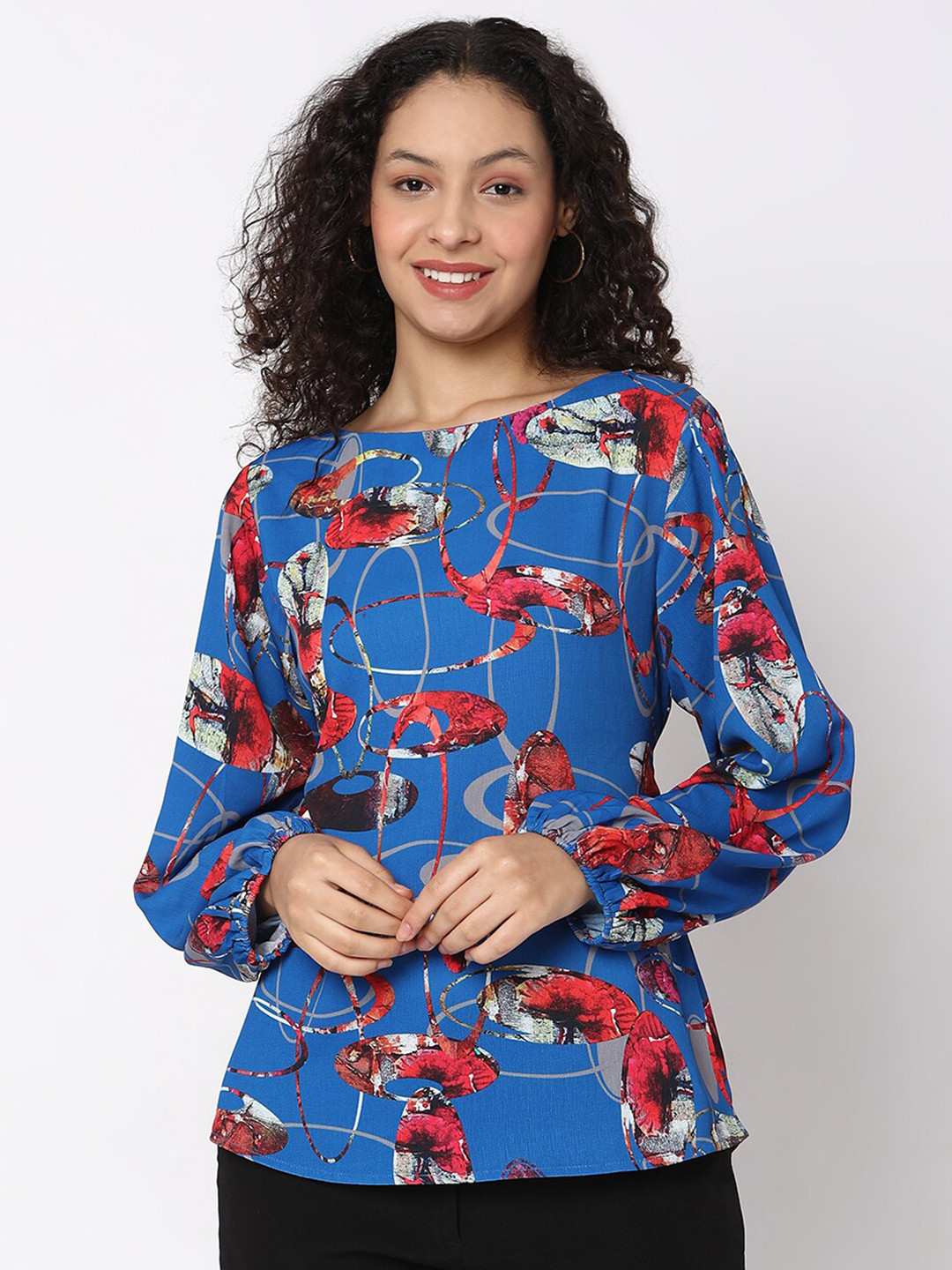 NOT SO PINK Floral Printed Waist Tie Up Puff Sleeves Top