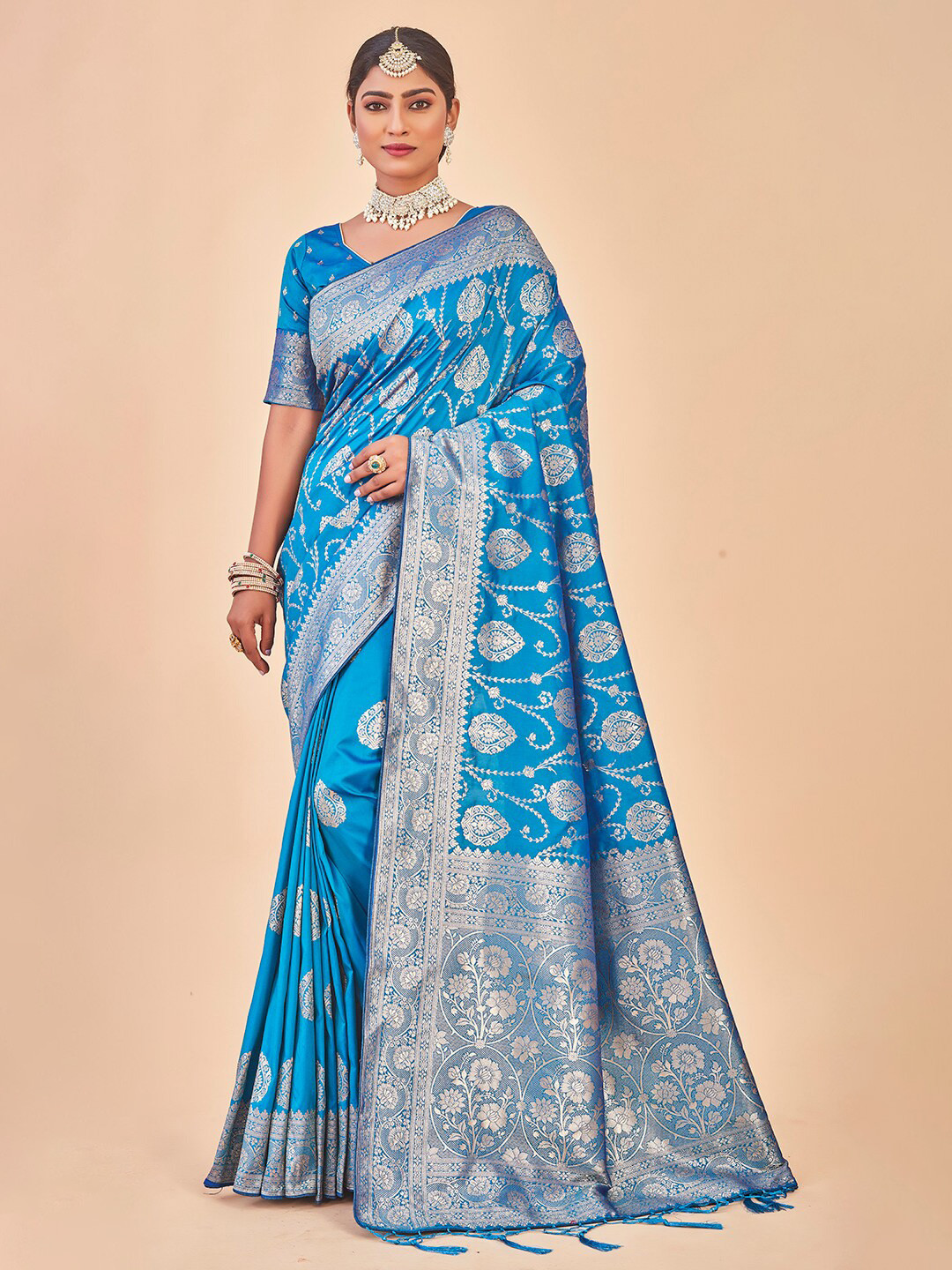Anouk Rustic  Turquoise Blue & Gold-Toned Ethnic Motif Woven Design Zari Organza Saree