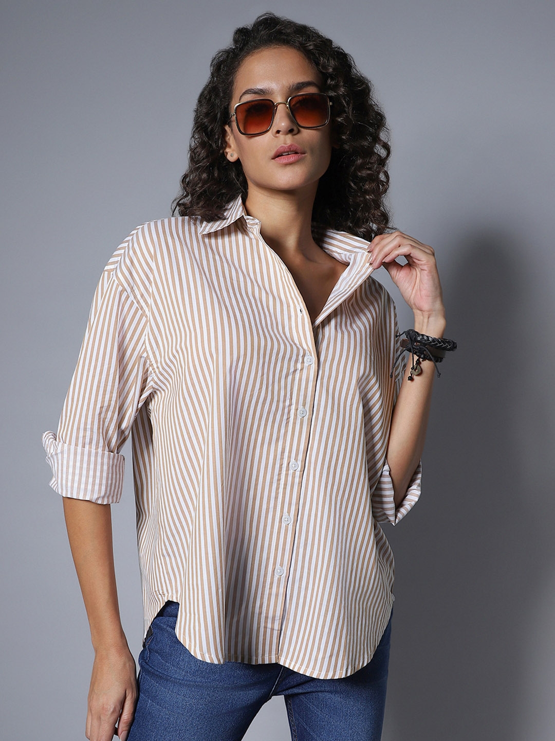 High Star Classic Boxy Vertical Striped Spread Collar Long Sleeve Cotton Casual Shirt - Shirts for Women 24667692 | Myntra