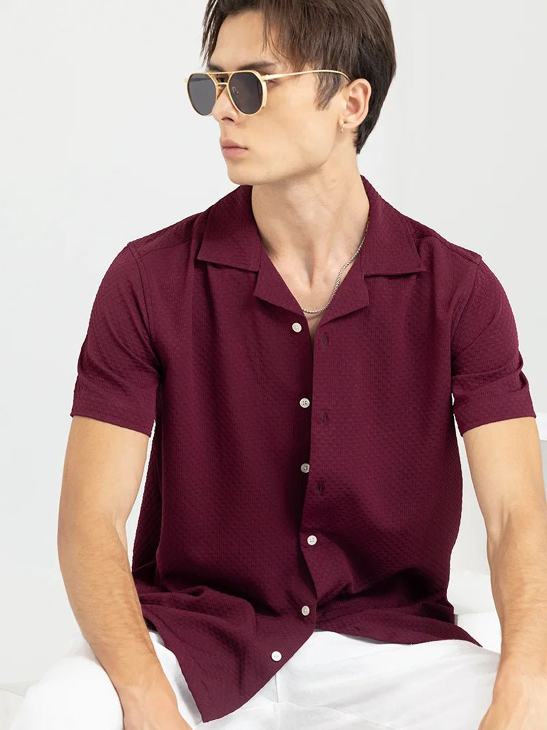 Snitch Burgundy Classic Boxy Short Sleeves Casual Shirt