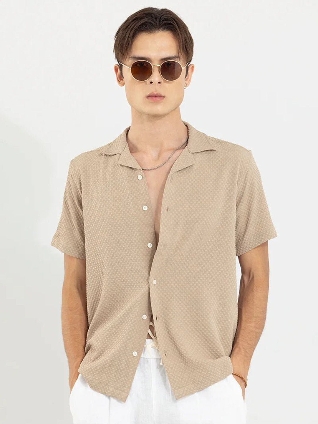 Snitch Beige Classic Boxy Self Design Casual Shirt