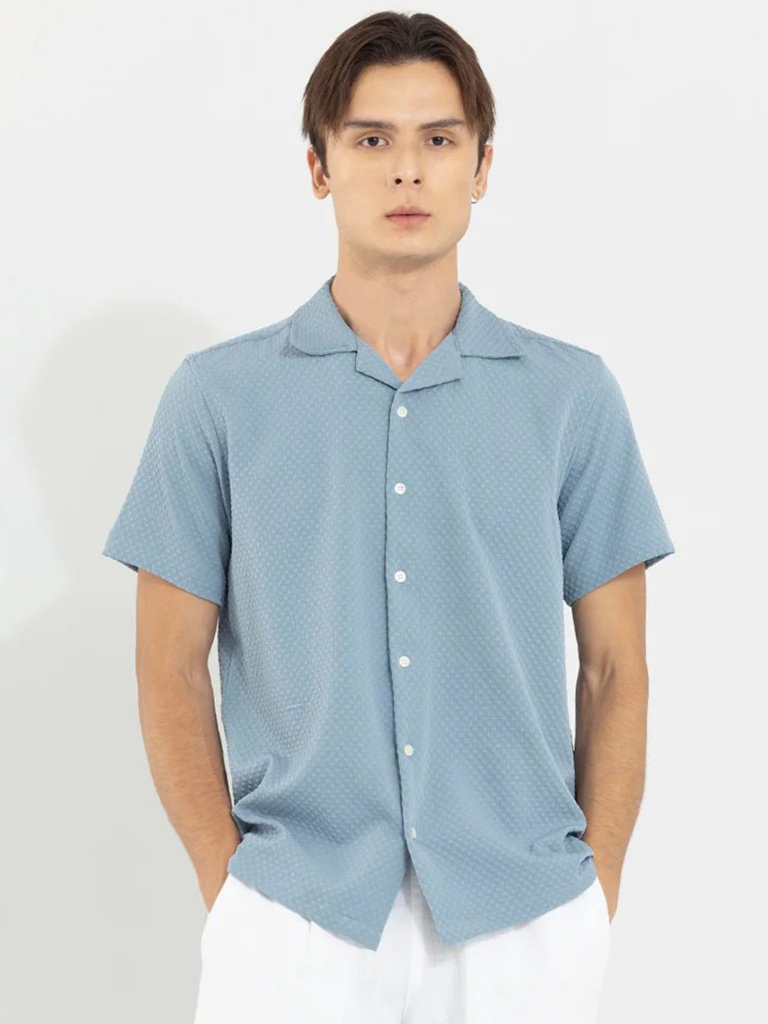 Snitch Blue Boxy Self Design Casual Shirt
