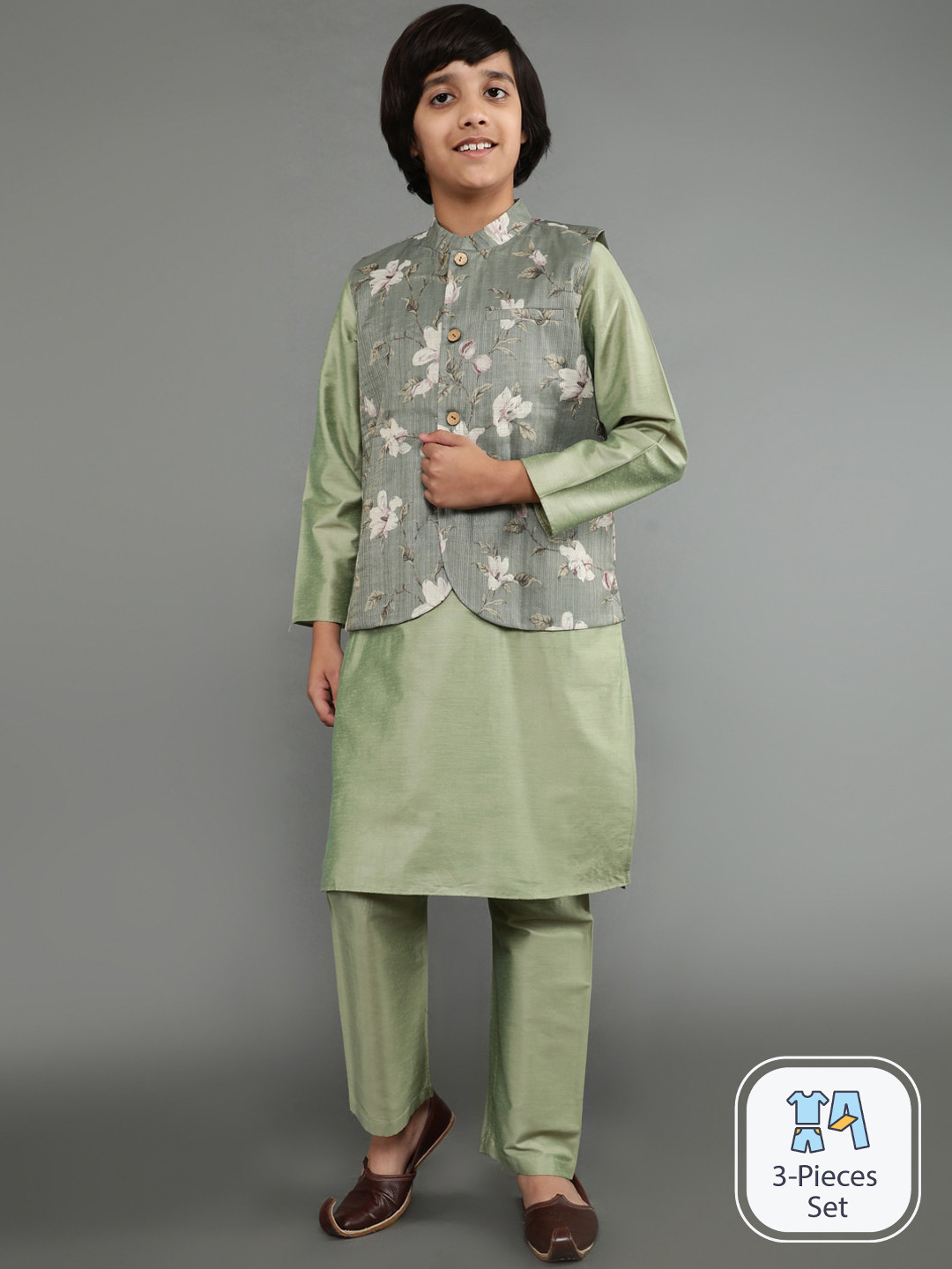 Aks Kids Boys Manadrin Collar Straight Kurta With Pyjamas With Nehru Jacket