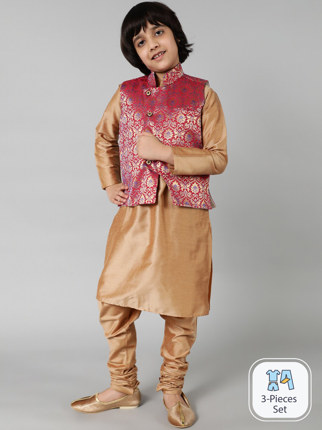 Aks Kids Boys Mandarin Collar Straight Kurta With Churidar With Nehru Jacket