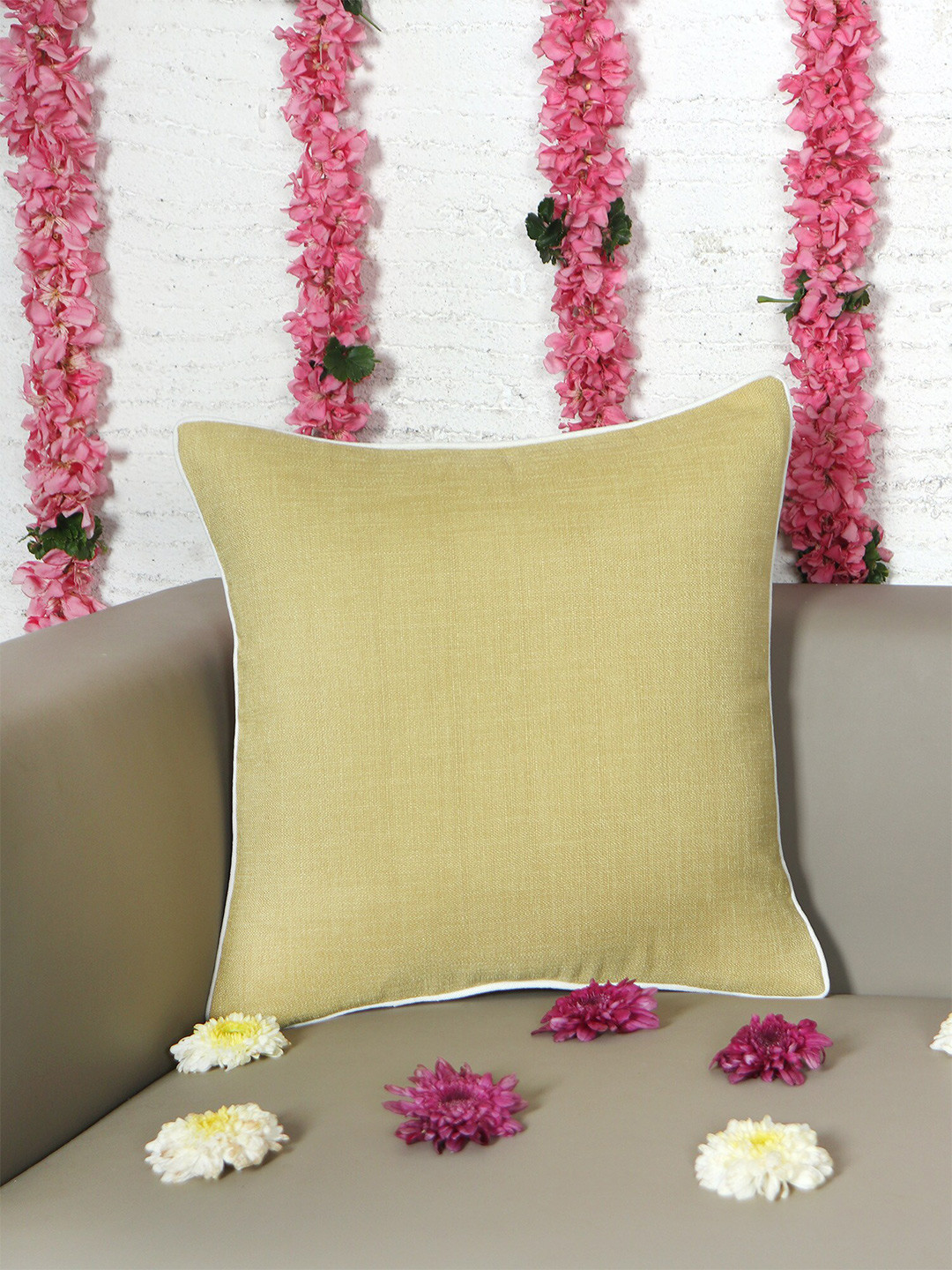 ZEBA Soft & Light-Weight Yellow Polycotton Durable Square Cushion Cover -16x16In