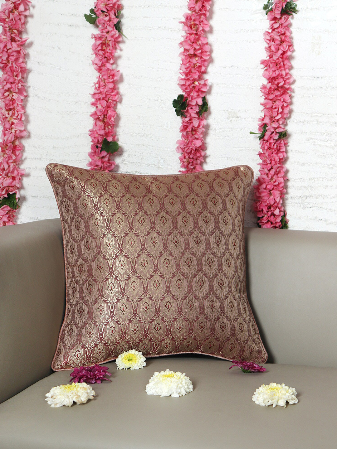 ZEBA Maroon & Gold-Toned Ethnic Motifs Design Brocade Square Cushion Cover
