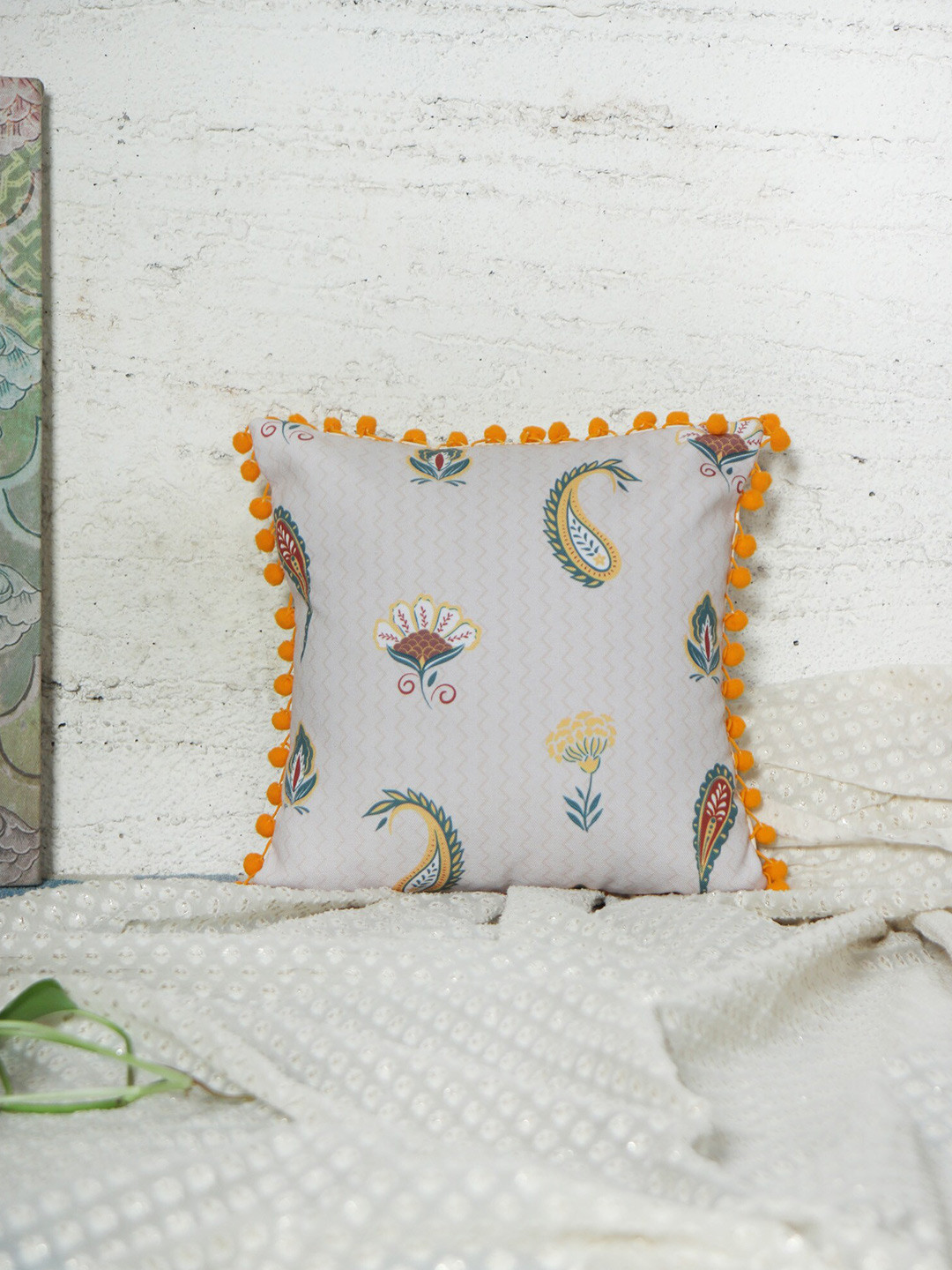 ZEBA Festive Paisely Pom Poms Paisley Polyester Lightweight Cushion Covers - 12 x 12 In