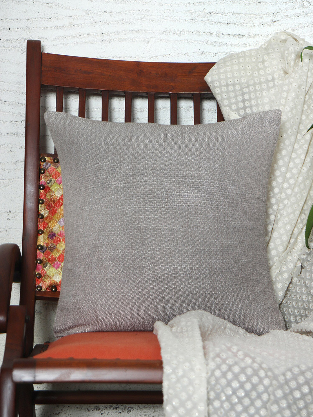 ZEBA Textured Grey Polycotton Lightweight Square Cushion Cover -16x16In