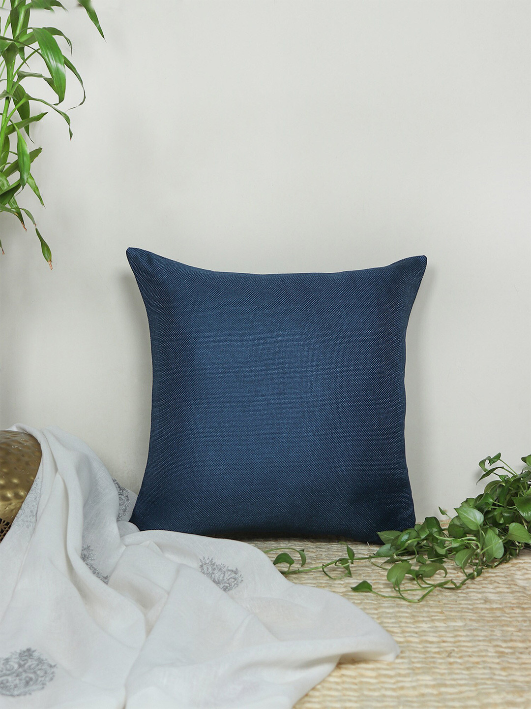 ZEBA Blue Polycotton Lightweight Textured Square Cushion Cover -24x24In
