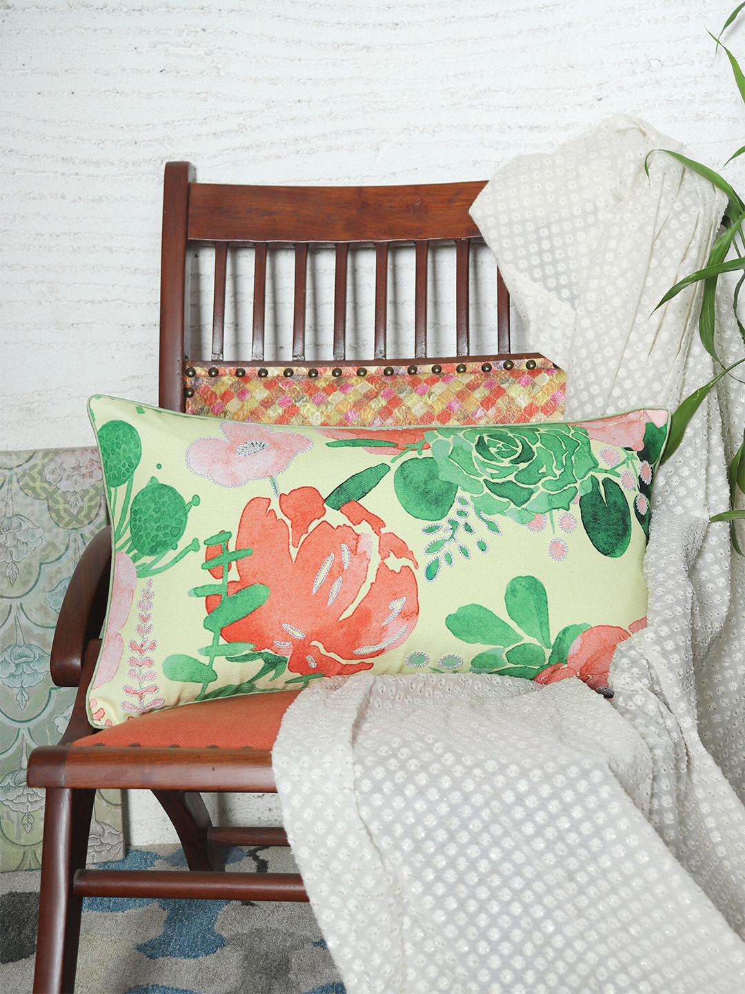 ZEBA Green & Red Floral Rectangle Cushion Cover