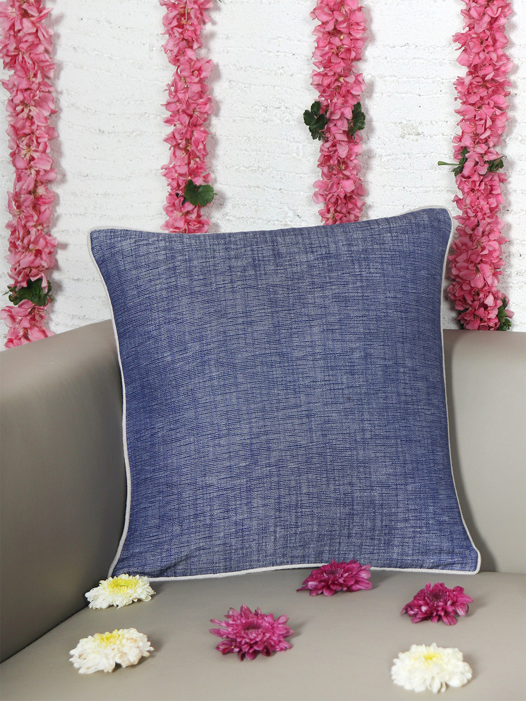 ZEBA Soft & Light-Weight Blue Polycotton Durable Textured Square Cushion Cover -16x16In