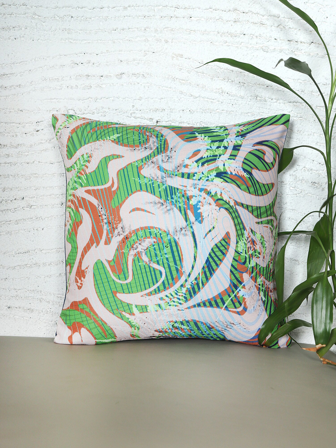ZEBA White & Green Abstract Square Cushion Cover