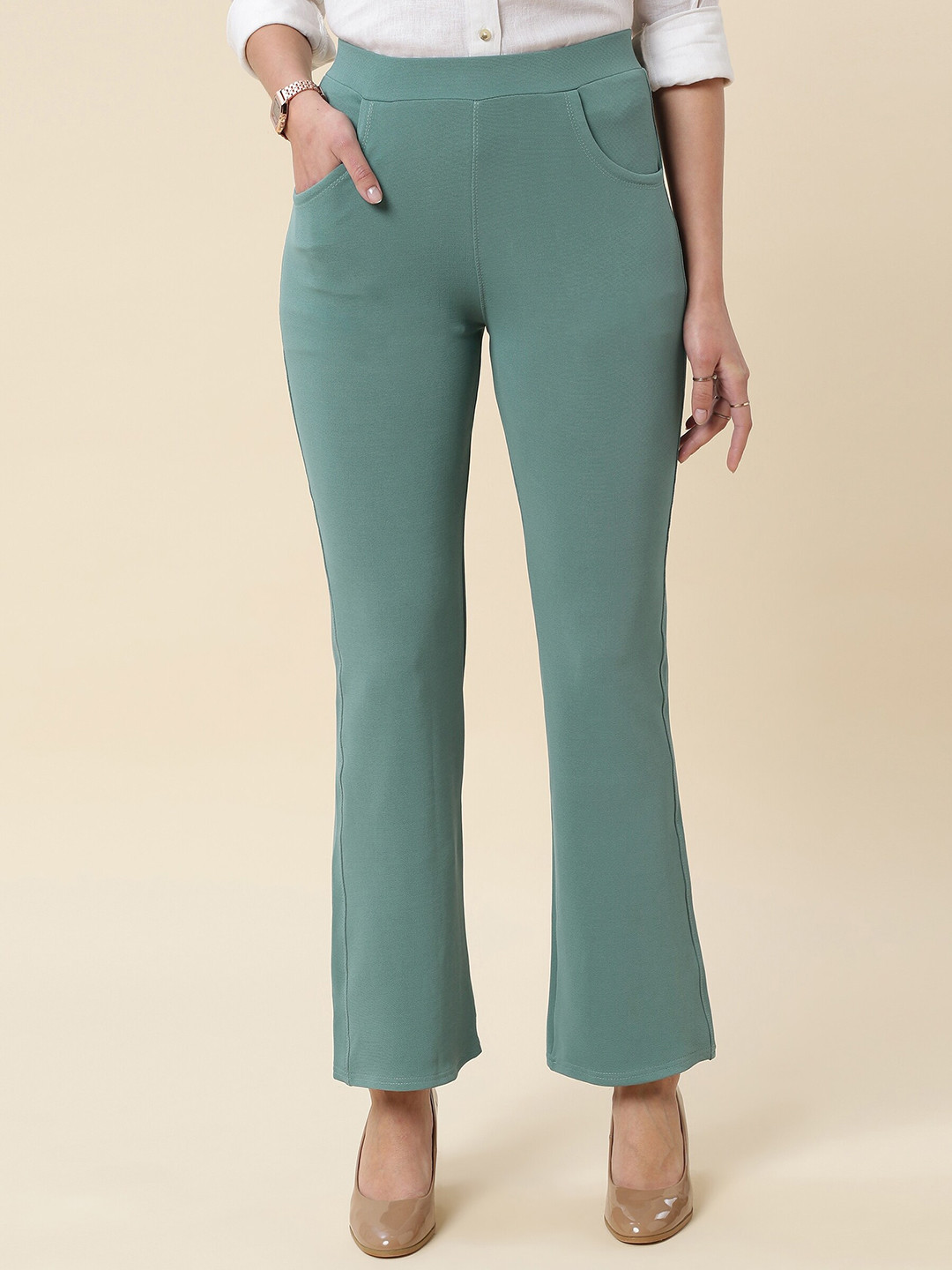 FITHUB Women Relaxed Straight Leg Flared High-Rise Easy Wash Cotton Bootcut Trousers