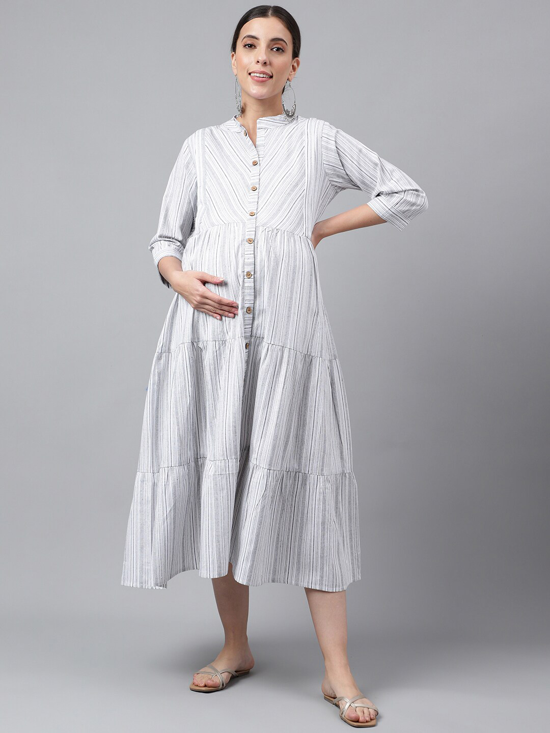 Negen Striped Tiered Cotton Maternity A-Line Midi Dress With Feeding Zip