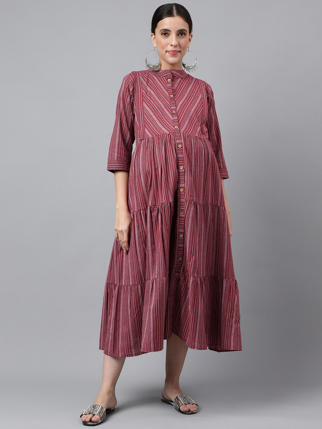 Negen Striped Tiered Cotton Maternity A-Line Midi Dress With Feeding Zip