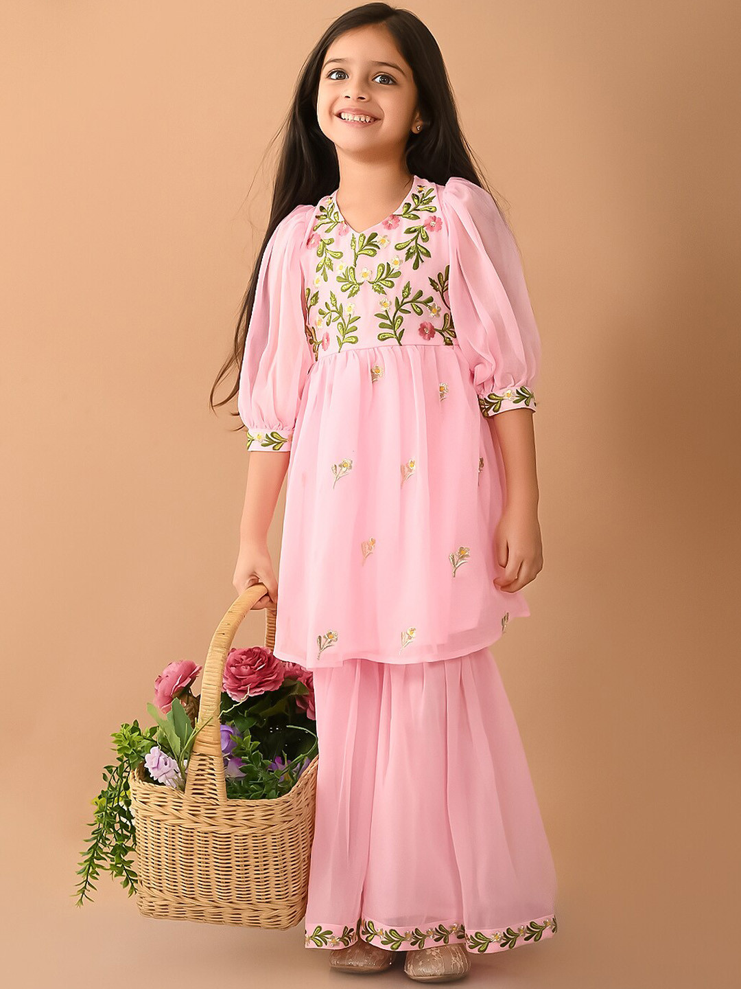 LilPicks Girls Floral Embroidered Puff Sleeve Kurta with Sharara