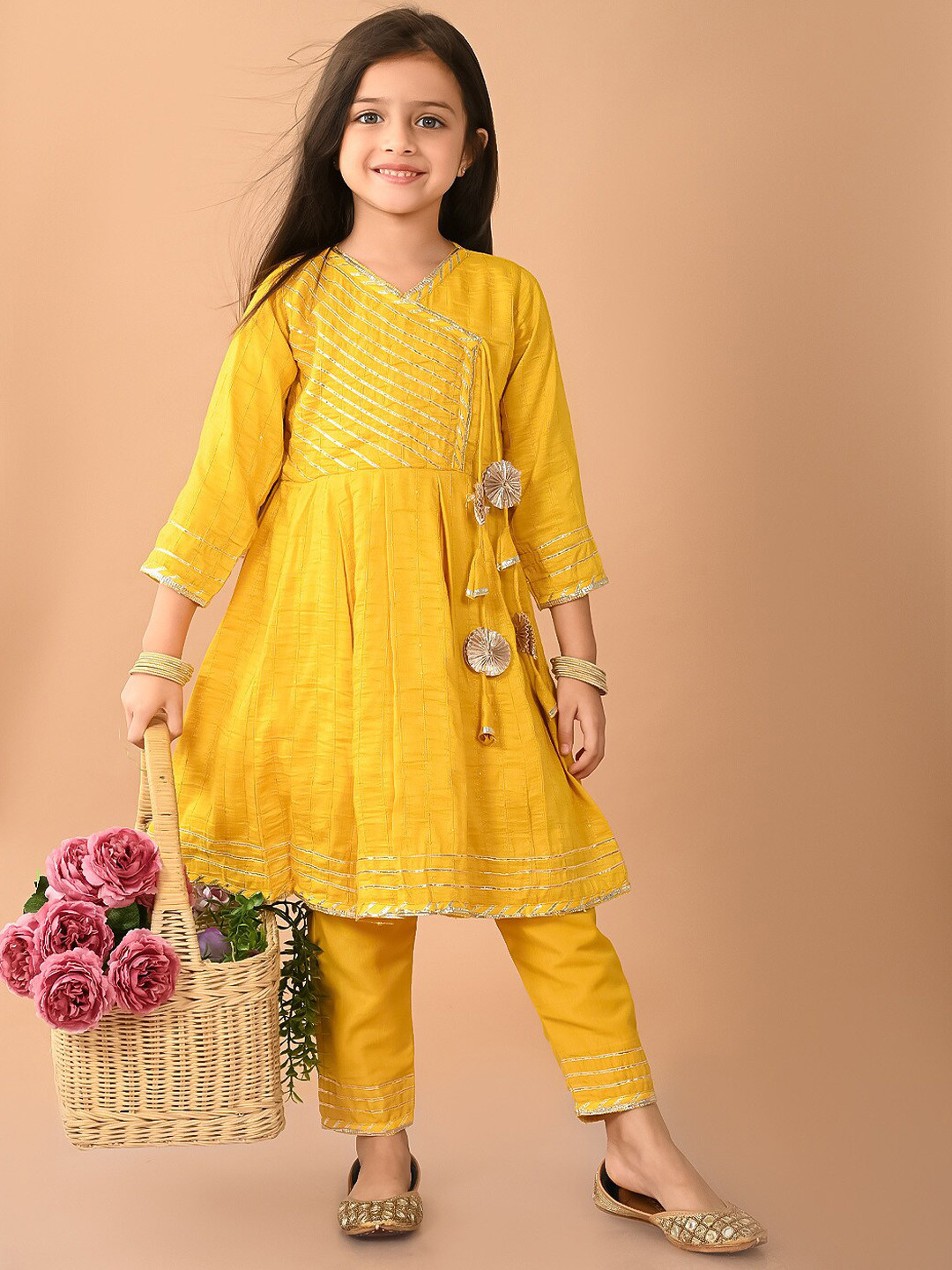 LilPicks Girls Angrakha Gotta Patti Raw Silk Kurta with Palazzos