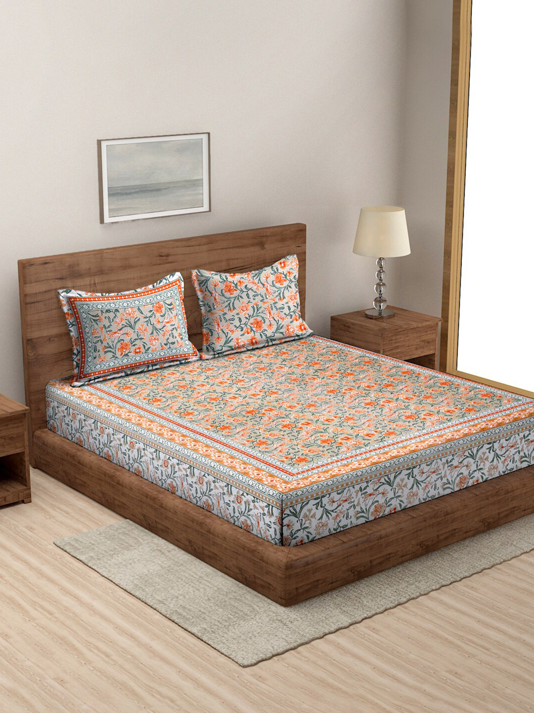 Rajasthan Decor Orange Floral Cotton 144 TC Queen Bedsheet with 2 Pillow Covers-89 x 106 inches