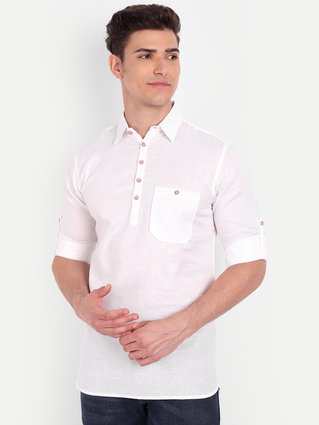 Vida Loca Shirt Collar Roll-Up Sleeves Cotton Pathani Short Kurta