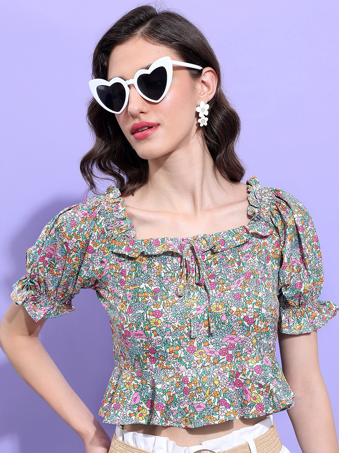 Tokyo Talkies Floral Print Peplum Crop Top