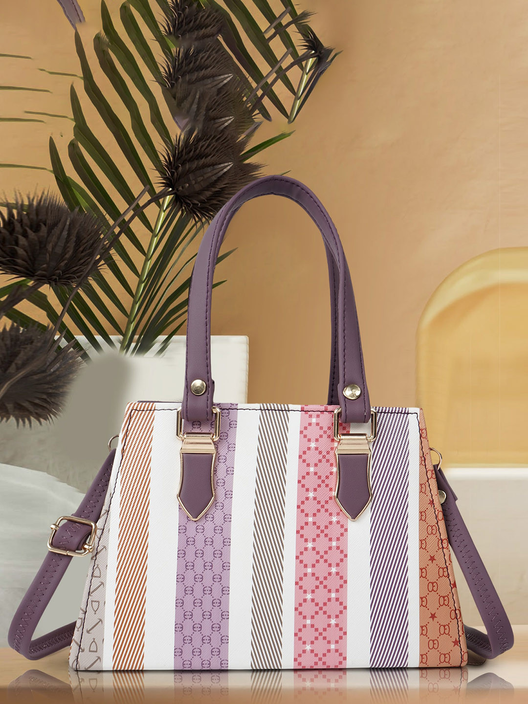 YOYOWING Purple Printed Structured Handheld Bag