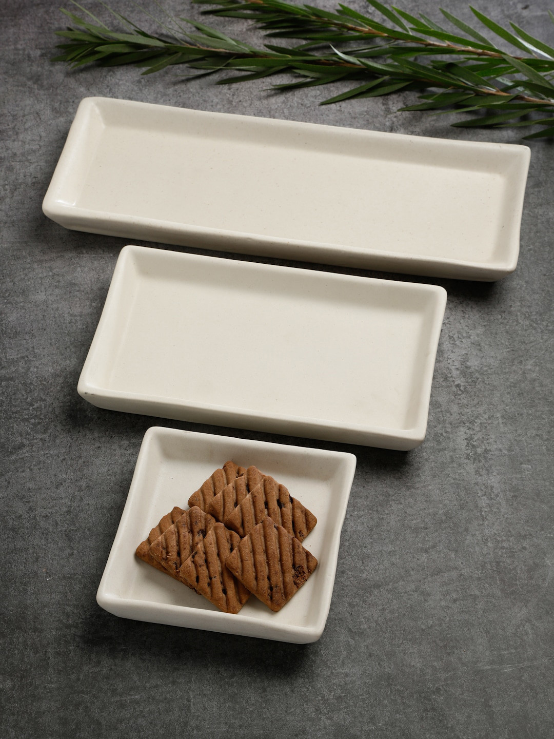 Arrabi Cream 3 Pieces Rectangle Stoneware Serving Trays