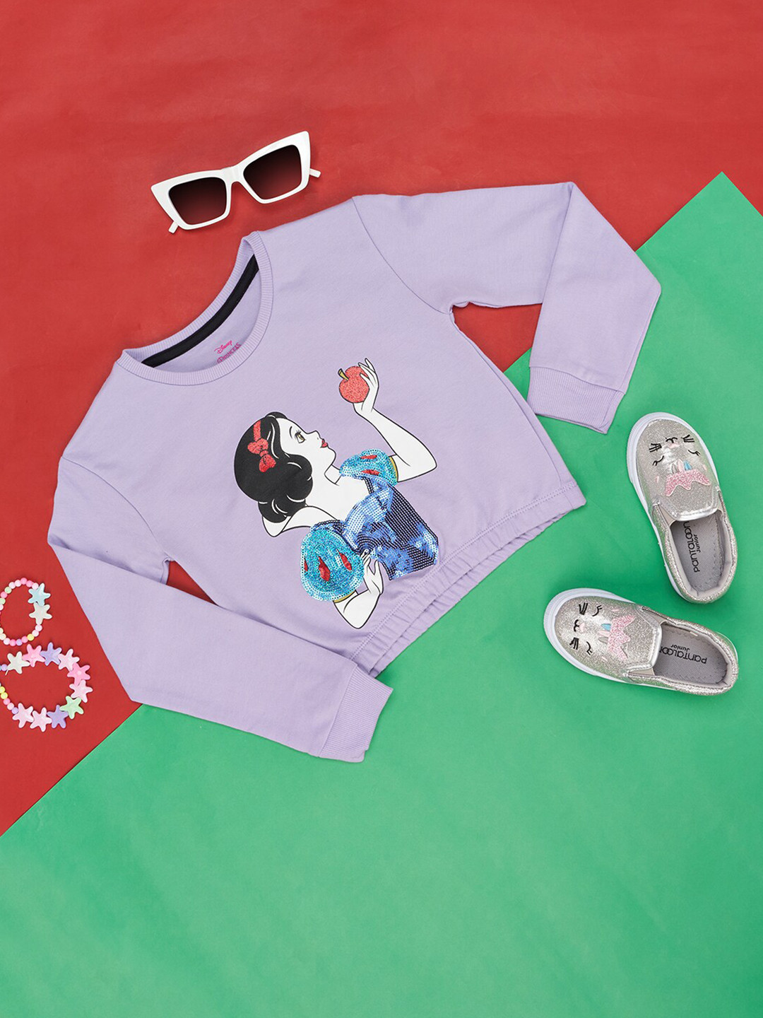 Pantaloons Junior Girls Disney Princess Printed Round Neck Cotton T-shirt With Embellished