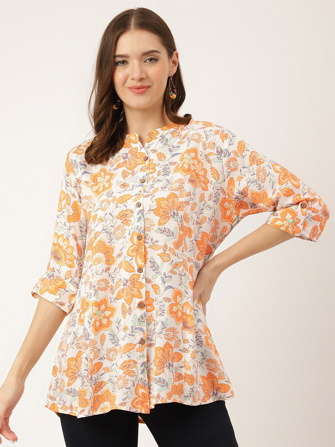 Divena Floral Printed Mandarin Collar Top