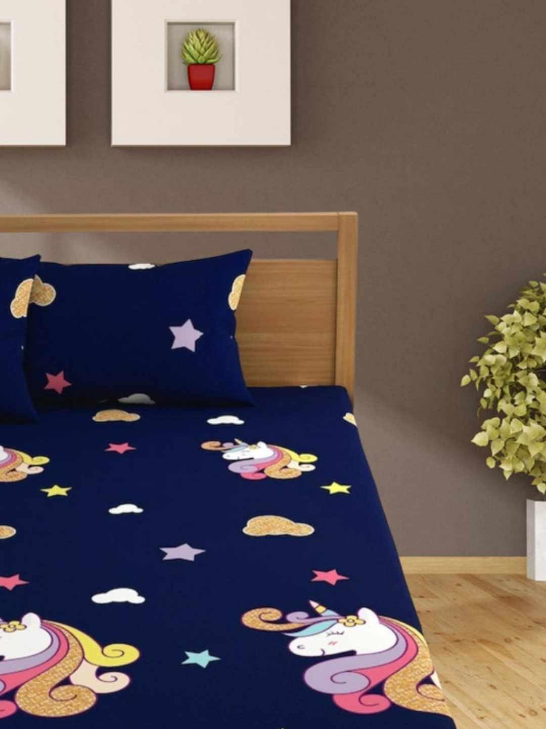 Bajo's Blue Graphic Cotton 250 TC Fitted King Fine Bedsheet with 2 Pillow Covers-260 x 260 cm