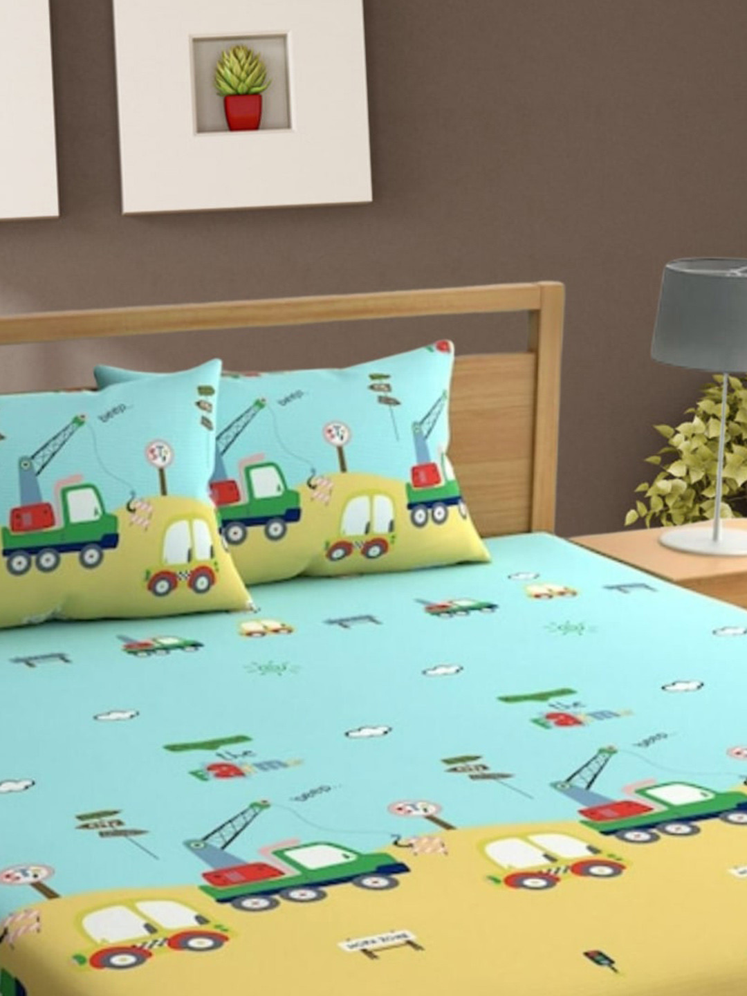 Bajo's Blue Graphic Cotton 250 TC Fitted King Fine Bedsheet with 2 Pillow Covers-106 x 106 inches