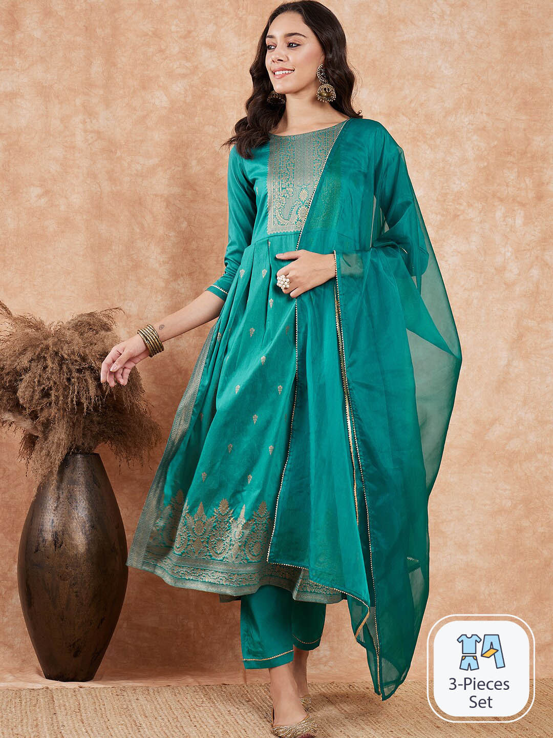 Sangria Turquoise Blue Ethnic Motifs Woven Design Zari A-Line Kurta & Trouser With Dupatta
