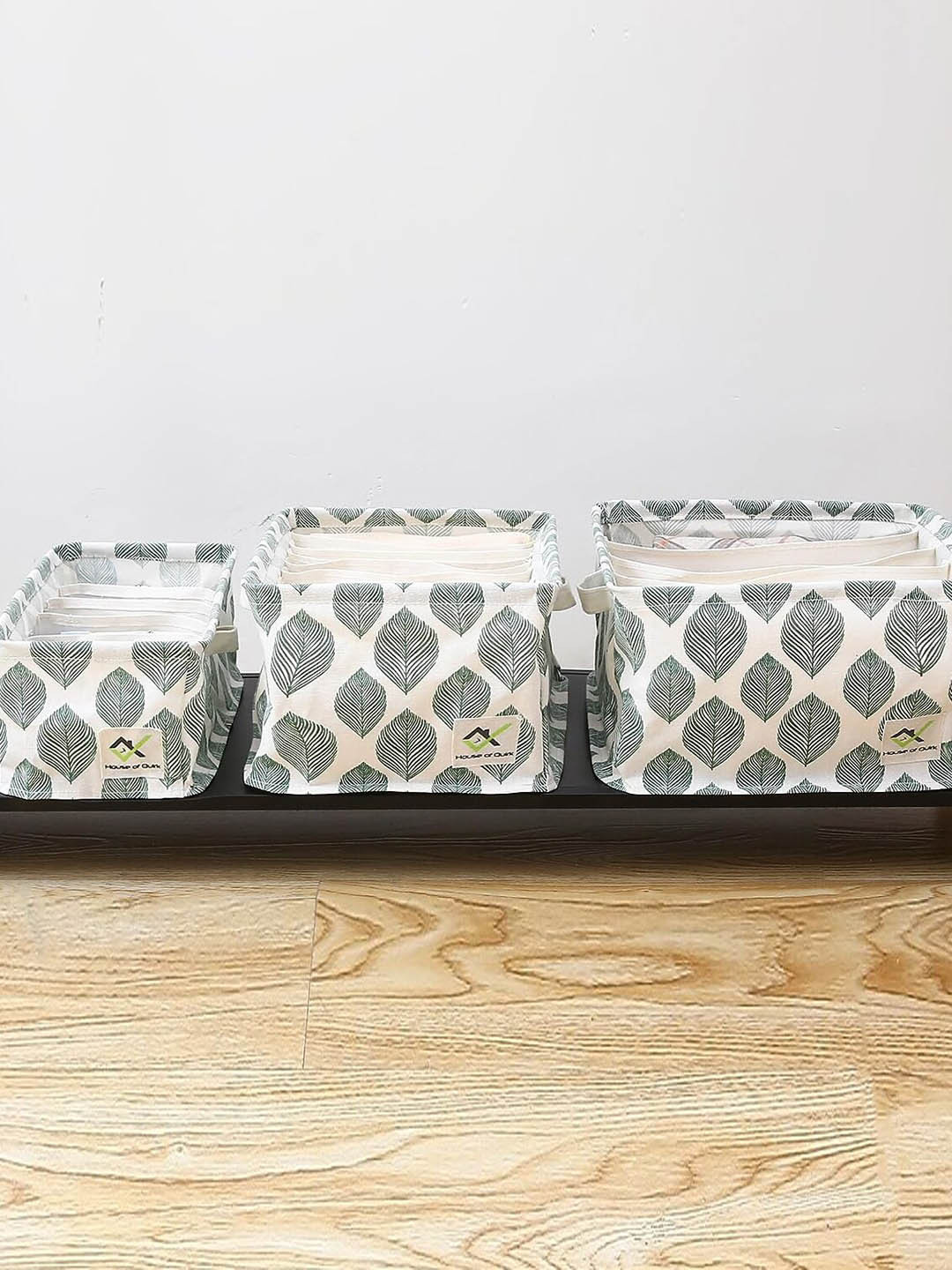 HOUSE OF QUIRK White & Green 3 Pieces Printed Cotton Linen Drawer Organisers